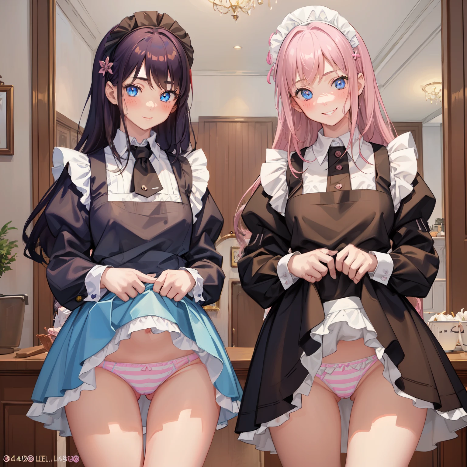 highest quality, masterpiece,((14years old:1.5)),  ((2 girls:1.5)), ((smile:1.3)), (blush:1.3), Black Shirt, blouse, ((fun!!)), (Small breasts), Blonde, (Long sleeve), ((White apron:1.5)), ((Maid)), ((hair ornaments)), Kamimei, look at me, ((in house:1.5)), Taking a break from watching the audience, Cowboy Shot, (skirtlift:1.3), (Highly detailed pink striped panties:1.3), (Highly detailed panties:1.3), (skirt that rolls up:1.3), (Panties fully exposed:1.5), Light blue eyes, long hair, Glowing Eyes