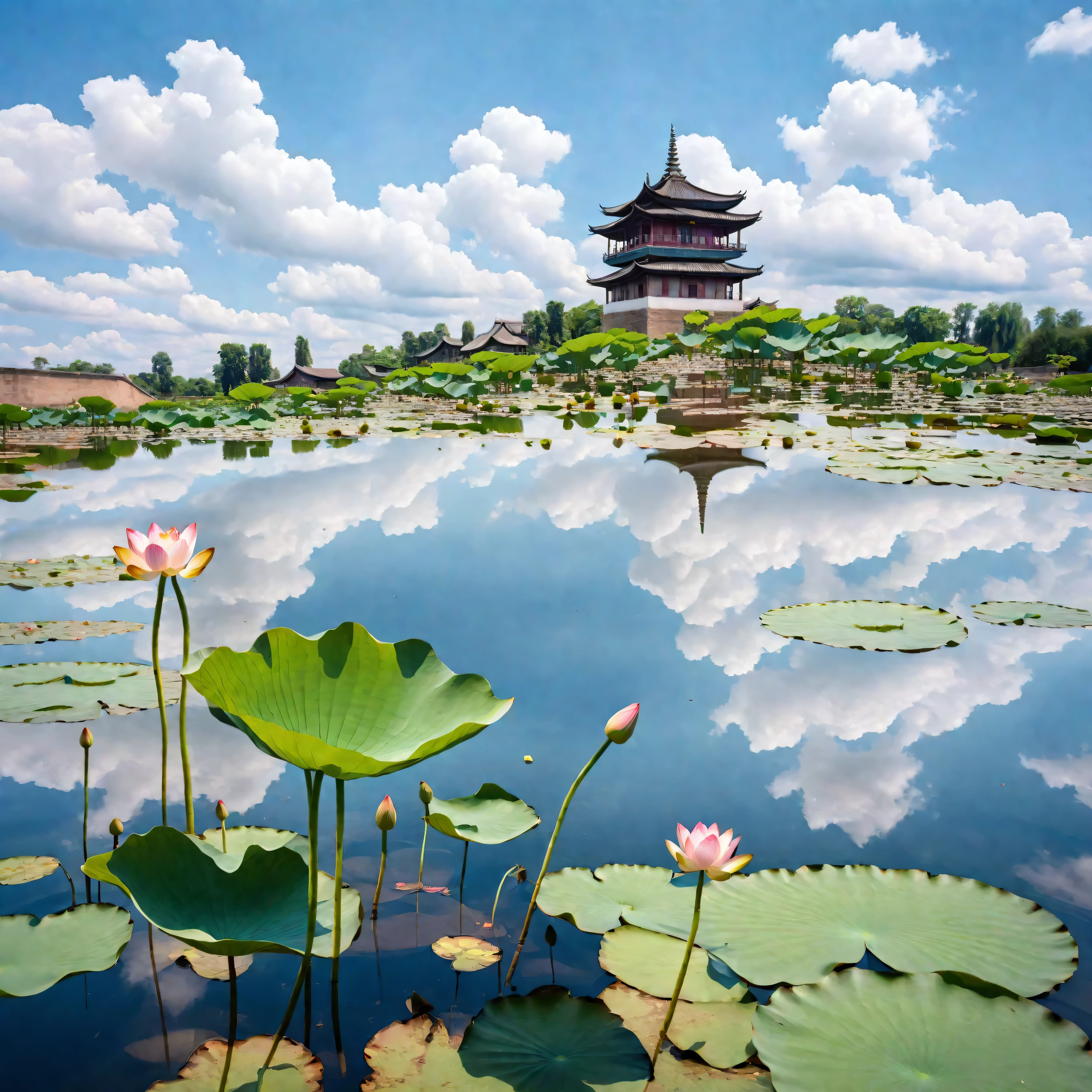 the tower,architecture,Lotus Leaf,Lotus,Reflection,pond,Small tree,Blue sky and white clouds,Simple composition,RAW,8k,Detailed Details,Best quality,Perfect color matching,Sense of atmosphere,Masterpieces shot by international photography masters,National Geographic Photography Award Winners