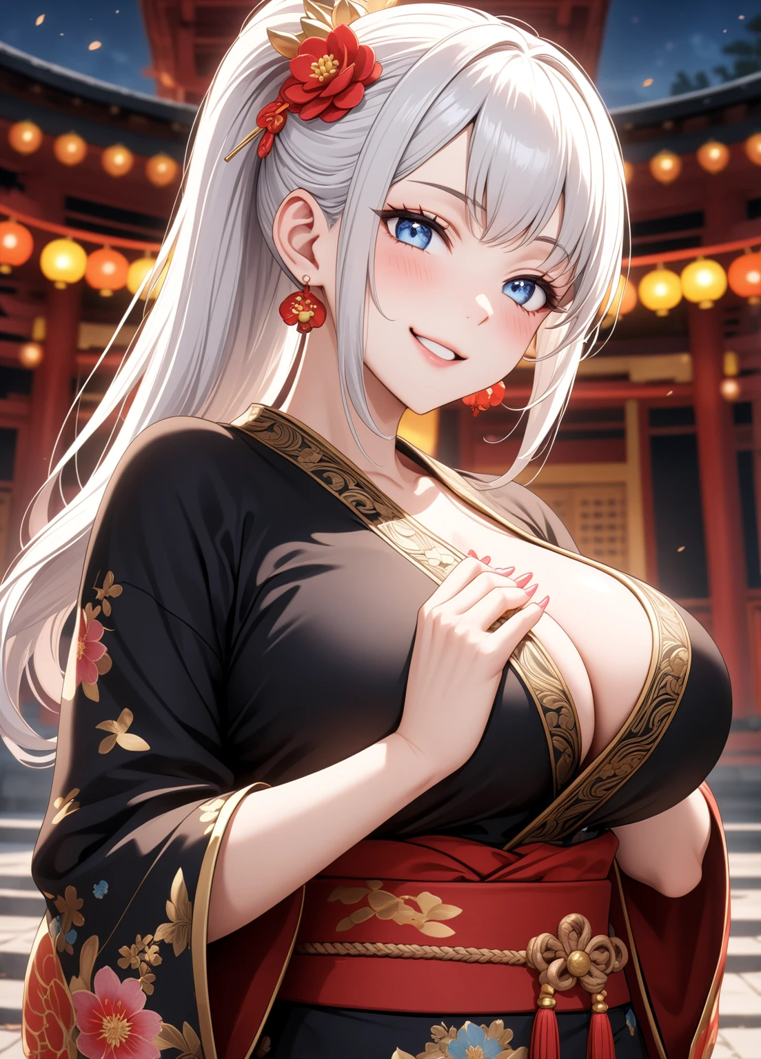 ((one personの女性)), Beautiful Face,Laugh shyly,((Wink:1.7)),Laughing with your mouth open,turn bright red,Glossy pink lips,night,Shrine festival sexpensives,((Anime style background)),masterpiece, highest quality, so beautiful, Latest, Complex details, (Pink long nails),AI-generated, Complex,High resolution, highest quality, super high quality,3D Images、View your viewers、3D Images,one person,Long white hair,High Ponytail,blue eyes,Anime woman posing for a photo, [[fine grain、Colorful eyes、Shining Eyes:1.15]],(Squint your eyes:1.1),a hyperRealistic , hyperRealistic , Realistic,Anime woman with long and white hair, Smooth anime CG art, A woman in a colorful kimono with gold embroidery, (Black kimono),Red floral pattern,Long flower hair ornament,Big earrings,(Big Breasts:1.1),Mature Body,expensive,Big Ass,Fine details,Tight waist,Abdominal muscles,(Face close-up:1.5),Tilt your face,Shooting from an angle,Praying with hands together,