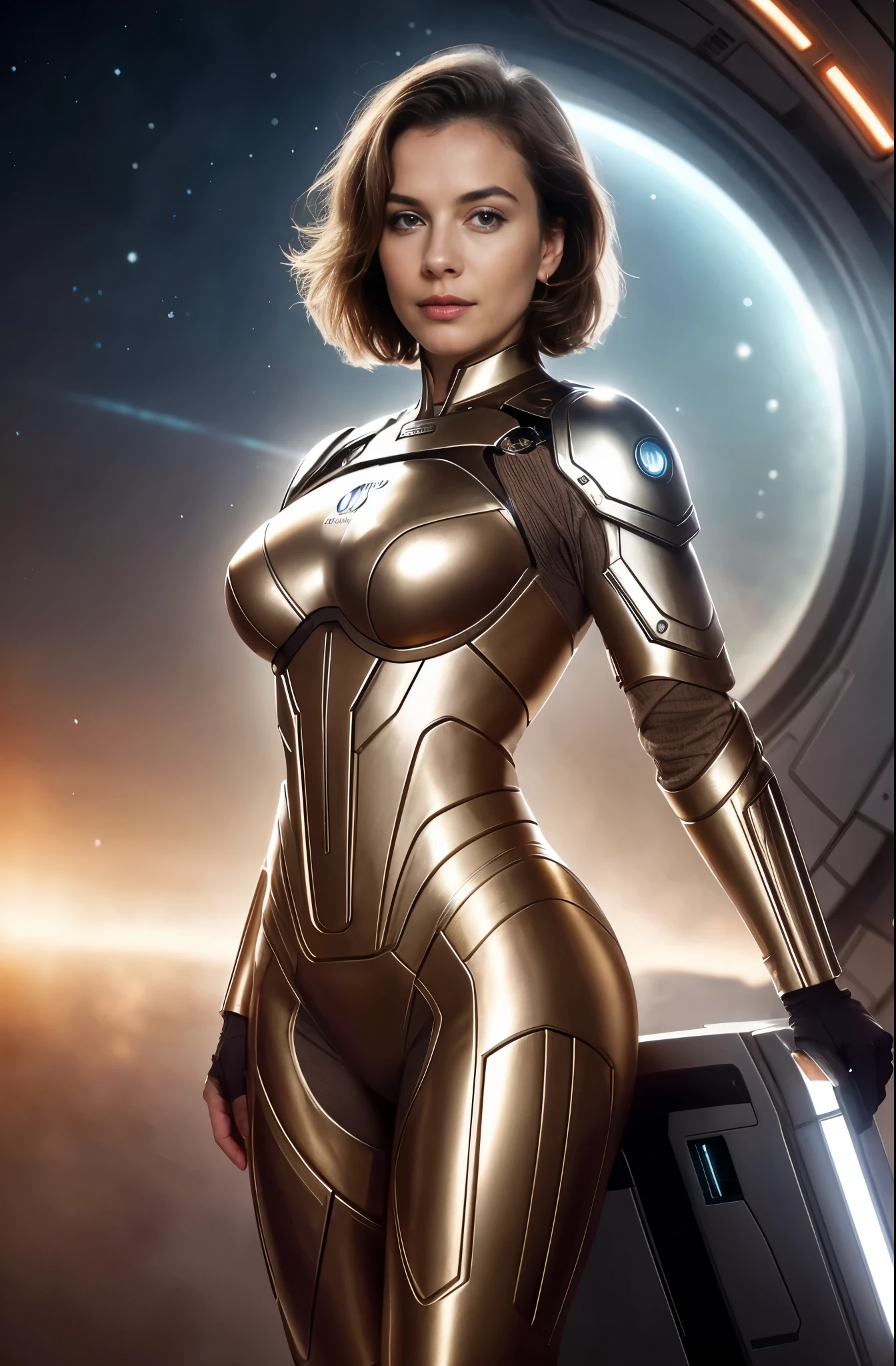 Masterpiece, a beautiful Swedish woman, ((Marilyn Monroe:Ingrid Bergman:0.5)), (revealing scifi suit), (medium breasts), (perfect body), (short brown hair), scifi spaceship cockpit background, (skin texture:1.1), best quality, ultra high res, Raw photo, Nikon D850, backlight, rimlight, bright sunlight, film grain:1.2, (warm hue, warm tone:1.2), (color photo), scifi effects