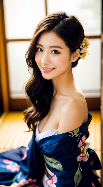 ulzzang-6500-v1.1, (Raw photo:1.2), (Photorealistic), (Genuine:1.4), (Mastepiece), there is a woman In kimono Sitting on the floor, in kimono, Blatant shoulders、clavicle、Mature Woman, wear Kimono, Beasts, Flower Hair Ornaments, yukata, In kimono, Japanese style, wearing a haori, mitsumayo, Japanese hairstyle、Mysterious Smile、Eyeliner、Makeup、