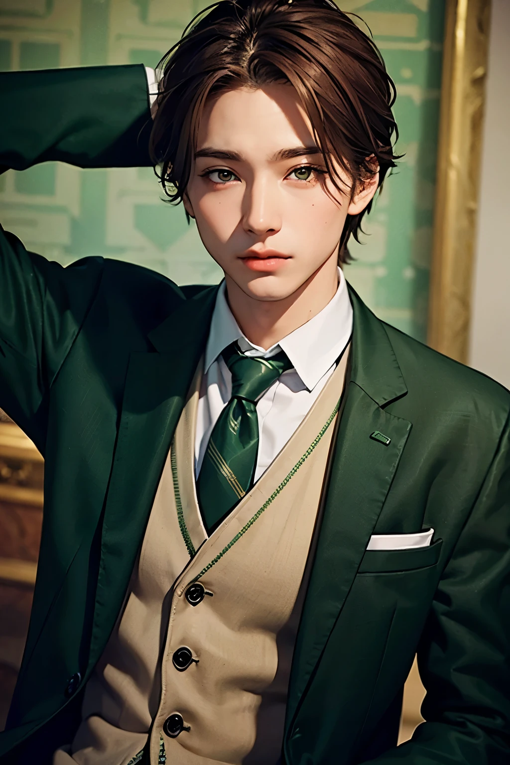 A boy wearing a Slytherin suit with brown hair and green eyes