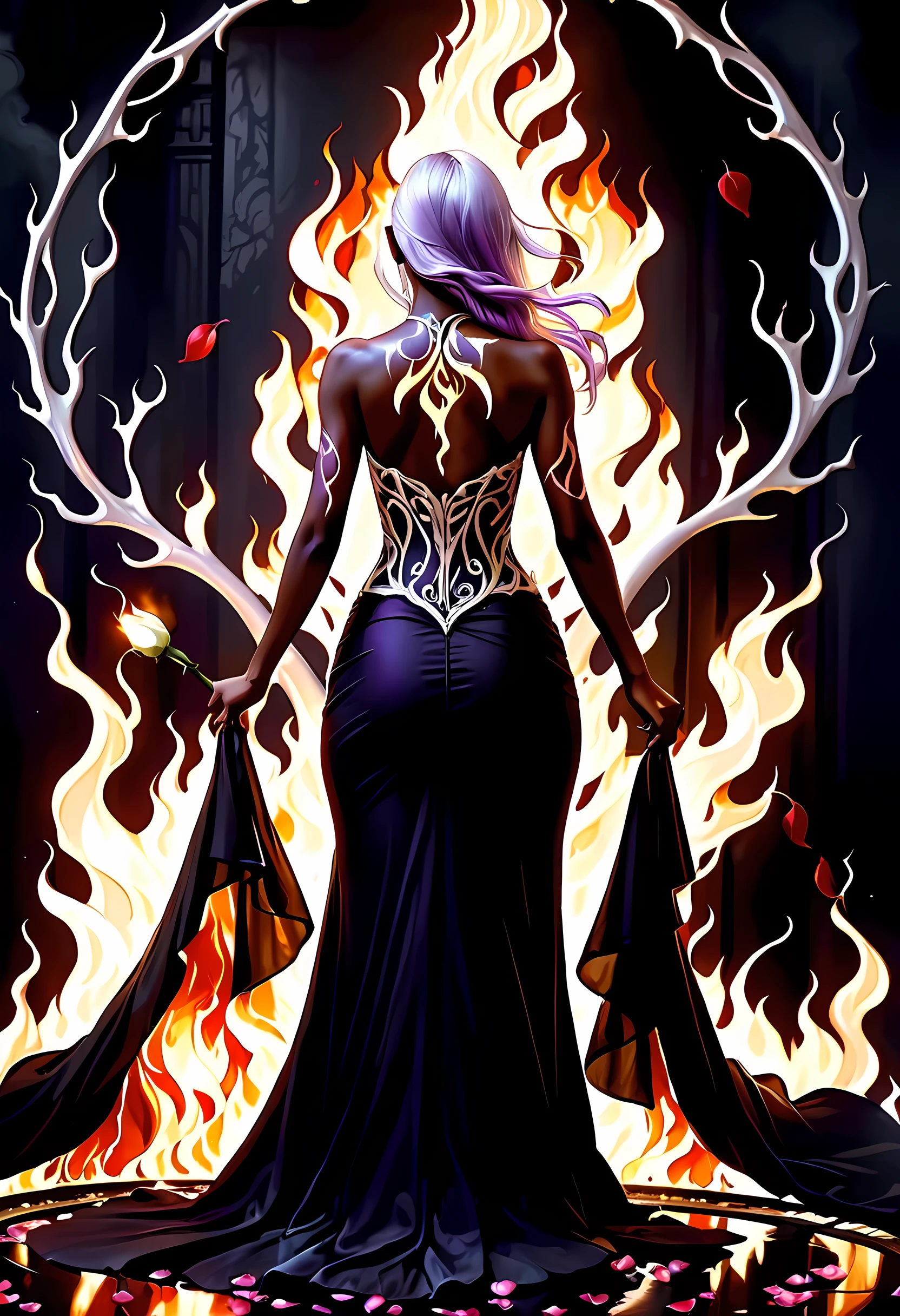 Arafed, Dark fantasy art, fantasy art, goth art, a picture of a tattoo on the back of a female elf, a glowing tattoo of a ((white rose: 1.3)) on the elf's back, the ((rose tattoo)) is vivid, intricate detailed coming to life from the ink to real life, GlowingRunesAI_purple, ((fire surrounds the rose petals: 1.5)), shot taken from the back, ((the back is visible: 1.3), she wears a transparent  black dress, bare back, the dress is elegant, flowing, elven style, that the (tattoos glow: 1.1), dynamic hair color, dynamic hair style, faize, trimmed dress, frills, velvet corset, strapless,