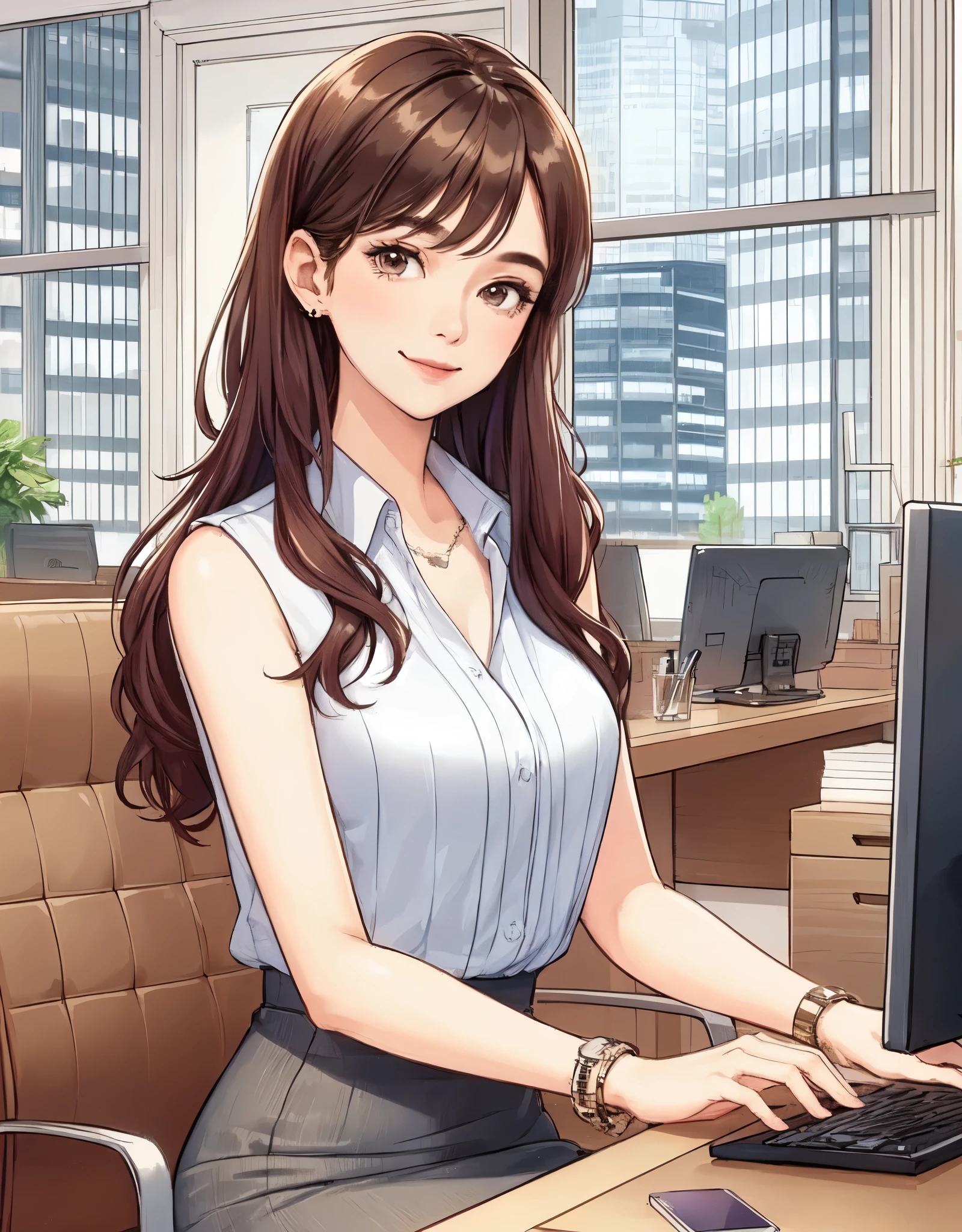 1lady sitting, office worker, (office casual) stylish outfit, sleeveless, mature female, /(brown hair/) bangs, kind smile, (masterpiece best quality:1.2) delicate illustration ultra-detailed, large breasts BREAK (modern office) indoors, noon, detailed background