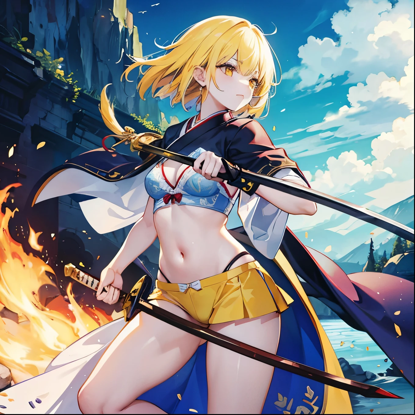 Many sword and gunshot wounds、Heavy bleeding、Yellow cute underwear、Yellow cute bra、Japanese sword and dragon sheath、A magic swordsman who uses blue flames