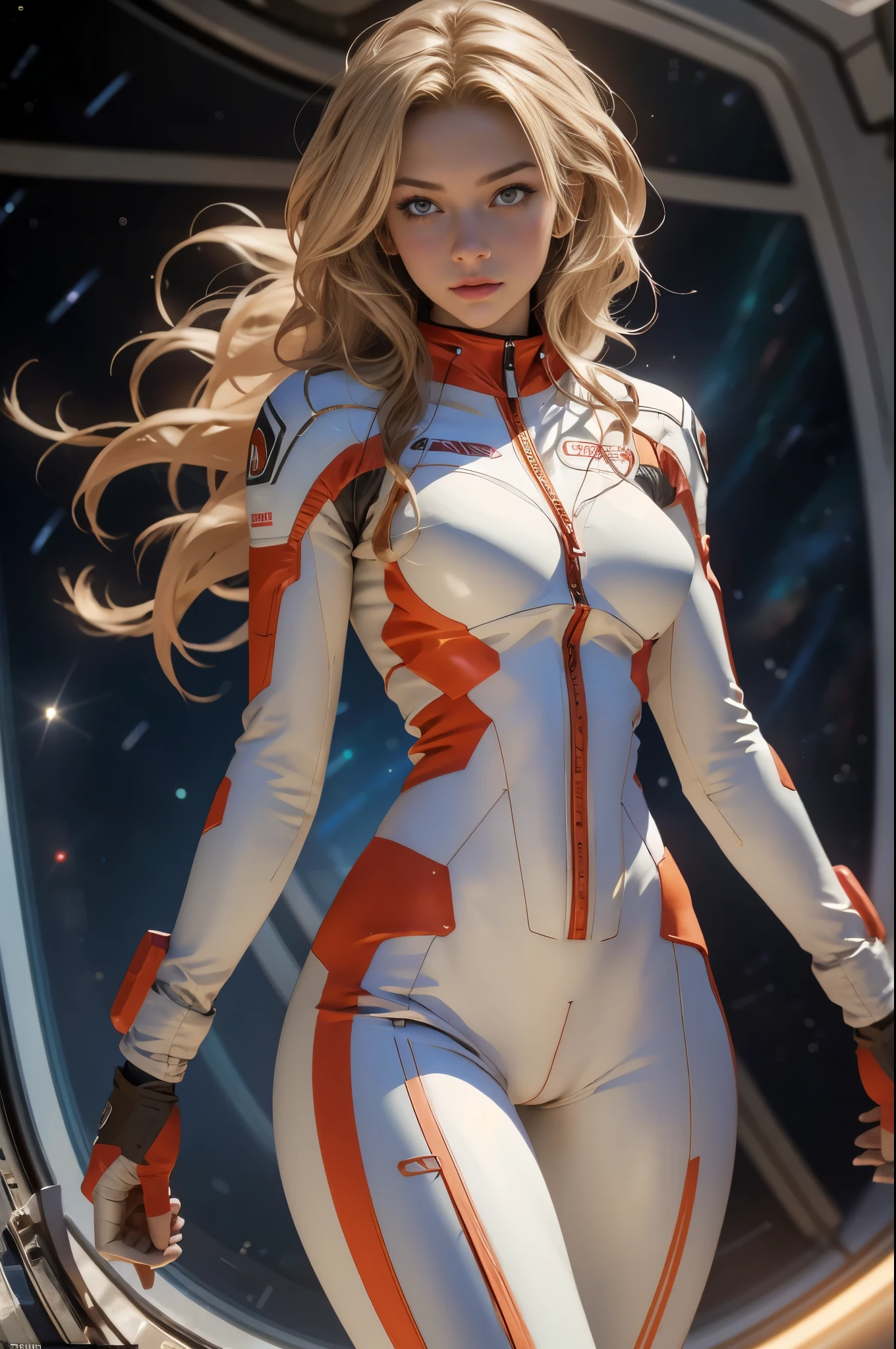 Sandy hair toned body big breasts slender hips slim waist solo pilot suit looking at the viewer in space long hair blushing determination, 8 k, extreme detail,
