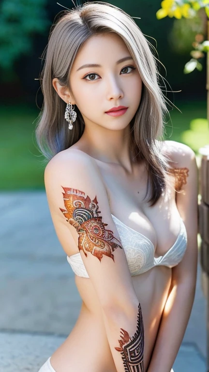 Anime-style woman, thin, thin, whole body, Full of tattoos, Lots of earrings, Beautiful and shiny hair, Rainbow Eyes, Slanted Eyes, Wavy silver hair, Kind and charming, Expose your shoulders, Delicate and sexy collarbone, Attractive oval face, double eyelid, Pink Lips, Small Nose, Concentrated face, Ultra-high resolution, Very detailed, Graceful posture, Nice, ultra-thin, henna tattoo body paint, Glowing Skin, Realistic Background, sunlight