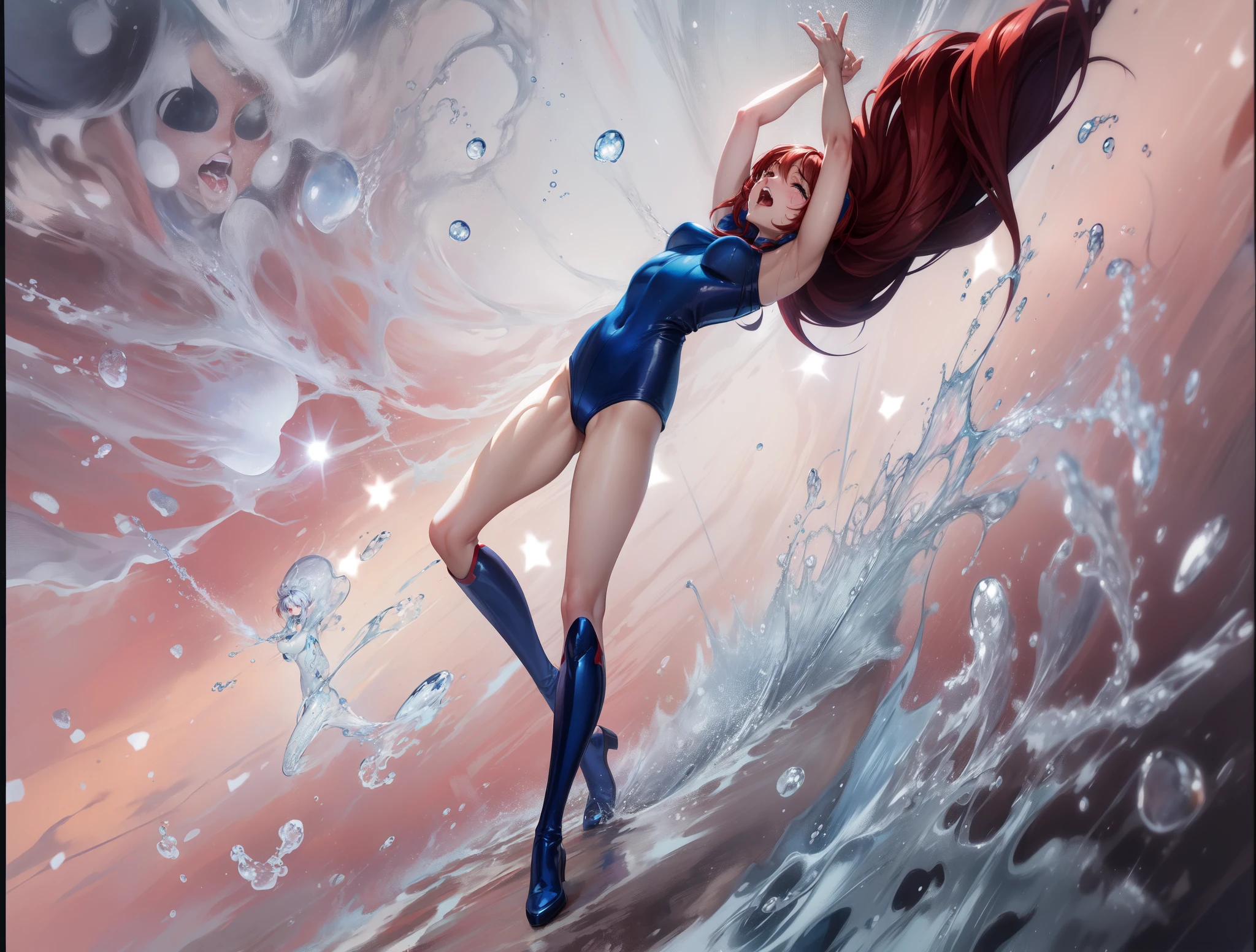 Female Combatant、Red haired Japanese girl、Close-up of a girl in a blue leotard、Blue glossy leotard、Blue knee-high boots、Yellow Globe、Saiyan Girl, wonderful, Nano Girl, Female body type, Inspired by Hiromu Arakawa, Anime Manga Robot!! Anime Girls, Fubuki, Full Body Suit, by Hiromu Arakawa、wonderful, silk, Beautiful and attractive anime teen, Anime Girls of the future, tears,Drooling,Pee,Sweat,Tongue out,incontinence,Peeing,Mouth open and tongue out,Estrus,Eyes wide open,Estrus,Blushing,Nipples are erect,Face is hot,Lust、Mouth wide open and tongue sticking out、incontinence、Crying face、Drooling、Red lips、Red tongue、Red tongueを大きく突き出している