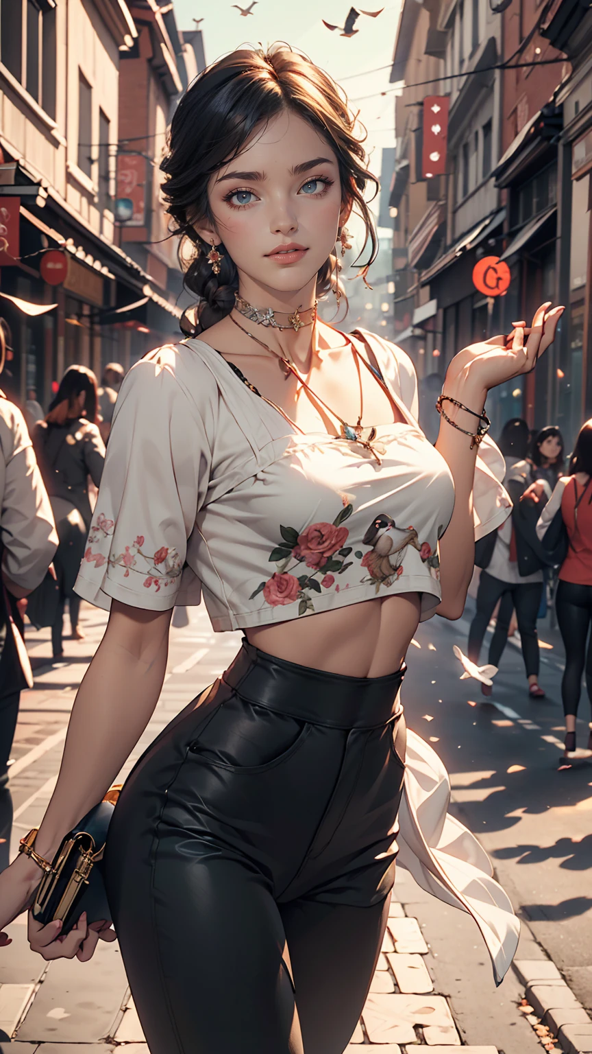 24-year-old female、Put your hands together and thrust them forward、Many pigeons land on my hands、Choker Neck((choker neck))Wear tops、Wear low rise leggings、smile、View your viewers、smile