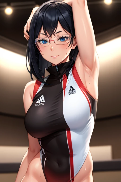 Perfect, masterpiece, (best quality, highres:1.2), 1girl, beautiful detailed eyes, beautiful detailed lips, beautiful detailed face, long eyelashes, vivid colors, HDR, studio lighting, ultra-fine painting, sharp focus, physically-based rendering, extreme detail description, portraits, ((organized fingers)), curvy body, large breasts, perfect shape, facing viewer, sweaty, gorgeous, ((arms up)), sleeveless, straddling, smile, black hair, blue eyes, armpits visible, sweaty armpits, glasses, black orange volleyball uniform, wearing sleeve