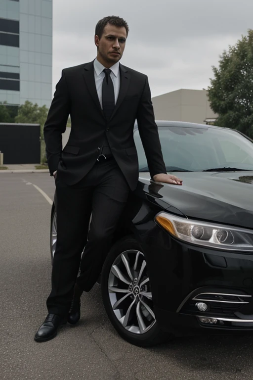One black car, one guy in a business suit