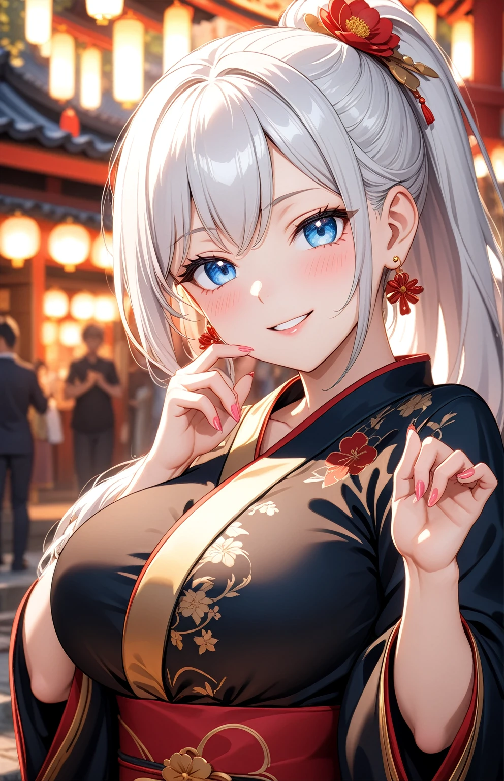 ((one personの女性)), Beautiful Face,Laugh shyly,((Wink:1.7)),Laughing with your mouth open,turn bright red,Glossy pink lips,night,Shrine festival sexpensives,((Anime style background)),masterpiece, highest quality, so beautiful, Latest, Complex details, (Pink long nails),AI-generated, Complex,High resolution, highest quality, super high quality,3D Images、View your viewers、3D Images,one person,Long white hair,High Ponytail,blue eyes,Anime woman posing for a photo, [[fine grain、Colorful eyes、Shining Eyes:1.15]],(Squint your eyes:1.1),a hyperRealistic , hyperRealistic , Realistic,Anime woman with long and white hair, Smooth anime CG art, A woman in a colorful kimono with gold embroidery, (Black kimono),Red floral pattern,Long flower hair ornament,Big earrings,(Big Breasts:1.1),Mature Body,expensive,Big Ass,Fine details,Tight waist,Abdominal muscles,(Face close-up:1.5),Tilt your face,Shooting from an angle,Praying with hands together,