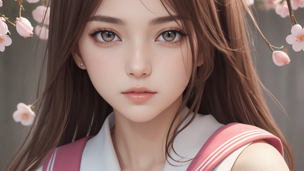 (One Girl), Great face and eyes, Pink Eyes, (Amazingly beautiful girl), (highest quality:1.4), (Super detailed), (Very detailed CG 統合 8k 壁紙), Very detailed, High resolution raw color photos, Professional photography, Sailor suit, , School, spring, cherry blossoms,