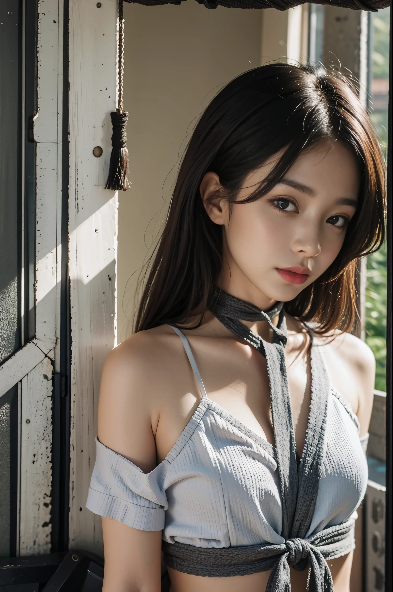((Tied up:1.2))、(I'Windowless、I sit alone in a dark cell lit only by candles.)、Japanese woman held captive alone、A girl with white skin and lustrous black hair、(His body is bound with thin rope:1.5)、(Tied to the back:1.5)、(Facial expressions of anxiety and sadness:1.5)、A cute face like a Japanese idol、delicate, Medium sized breasts、(Skin that is wet and shiny with sweat)、((1 screen))、8k、RAW shot、Highest quality photos、masterpiece、Nice realistic pictures、(BDSM)、(Rope BDSM:1.5)、(Wearing underwear torn from torture:1.5)