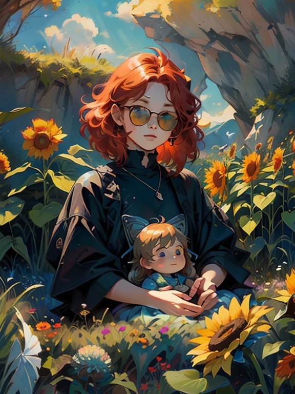 futuristic surreal landscape style / cute little red-haired boy with freckles in a field among large sunflowers, red disheveled hair, jewelry, butterfly net, cute, huge eyes, shades, hatching, lots of details, clear drawing, pastel tones, colored pencil drawing, high detail, in the style of Cris de Lara