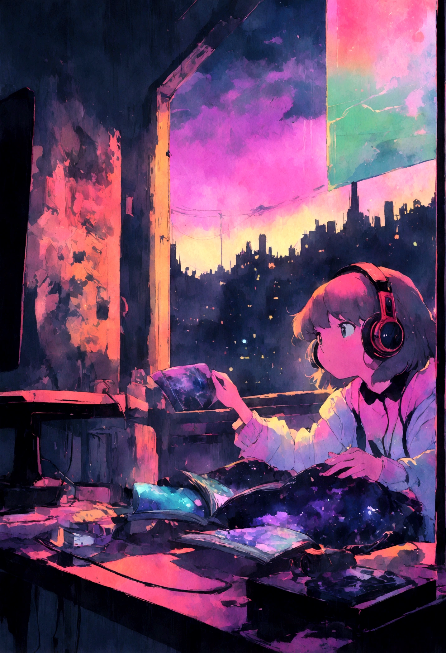 (zero), Girl studying in her room, reading a book, Wear headphones, , night lights, Neon landscape on a rainy day,Analog Color Theme, Lo-Fi Hip Hop , retrospective, flat, 2.5D ,Draw a line, Ink Drawing, Large slope, Watercolor painting, Goosch Colors, Studio Ghibli Style, Awesome colorful, Outer Ton, Synthwave, lofi art,90s style,Old texture, amplitude,90s vibe, masutepiece, Tremendous technology, 16:9 scale