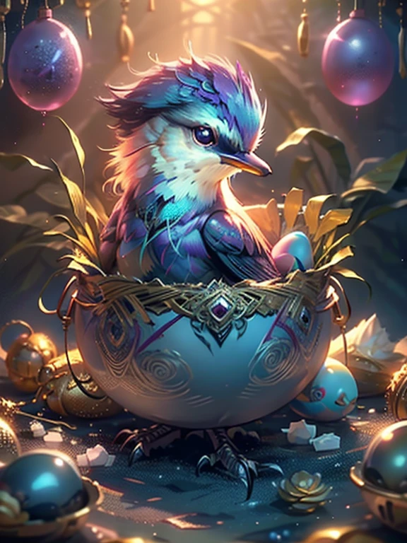 futuristic surreal landscape style / nest of purple cute birds with chicks and eggs in roses,cartoon, pearls,diamond dew, dust, art botany,voluminous gel pencils,clear drawing of all details with a gold pencil, beautiful, aesthetically pleasing, 3d,1024k, high-octane render, HDR100,filigree, mystical misty haze