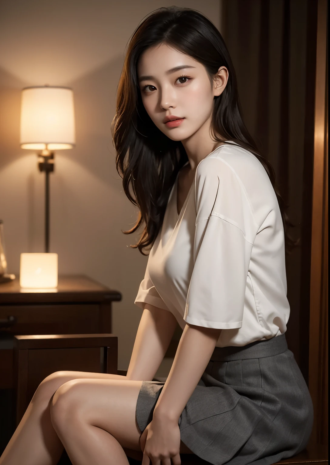 A beautiful Korean girl in a with a skirt above knee length, an extremely detailed and realistic portrait, high quality, photorealistic, 8k, vivid colors, studio lighting, warm color tones, detailed facial features, piercing eyes, perfectly sculpted lips, delicate skin, flowing hair, beautiful expression, elegant posture, , pleated skirt, indoor setting, natural lighting, spotlights on face, intricate details, hyper-realistic, award-winning digital art