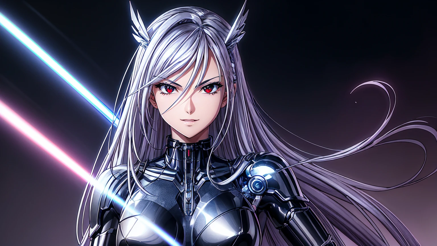 highest quality、masterpiece、超A high resolution、(Photorealistic:1.4)、1 girl、Silver Hair、Straight hair, shiny clean hair、White and glowing skin、Sexy Cyberpunk Girl、((Ultra-Realistic Details))、Shadow、Octane Rendering、Super sharp、Ultra detailed face、Fiberglass、Luminous tube、Very intricate details、Realistic Light、CGSoation Trend、(Red eyes with elongated pupils)、(To the camera)、Neon Details、Mechanical Limbs、Mechanical vertebrae attached to the back、Attaching a mechanical cervical vertebra to the neck、Wires and cables connected to the head、((Valkyrie))、((Beam Cannon))、Combat Stance、((Seductive pose:0.8))、(Light_smile:1.0)、whole body、