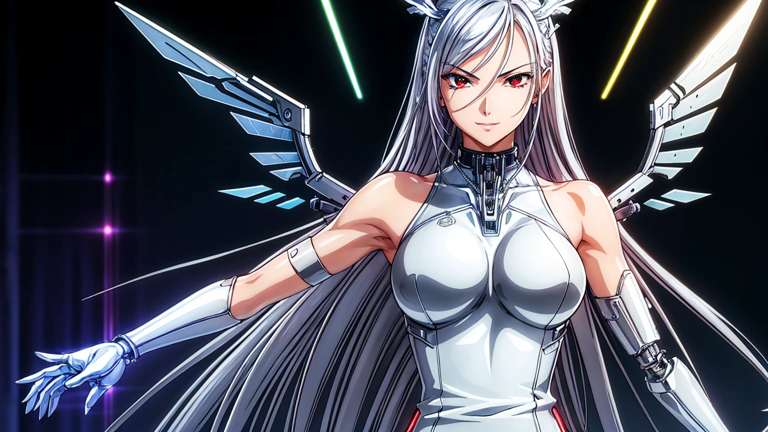 highest quality、masterpiece、超A high resolution、(Photorealistic:1.4)、1 girl、Silver Hair、Straight hair, shiny clean hair、White and glowing skin、Sexy Cyberpunk Girl、((Ultra-Realistic Details))、Shadow、Octane Rendering、Super sharp、Ultra detailed face、Fiberglass、Luminous tube、Very intricate details、Realistic Light、CGSoation Trend、(Red eyes with elongated pupils)、(To the camera)、Neon Details、Mechanical Limbs、Mechanical vertebrae attached to the back、Attaching a mechanical cervical vertebra to the neck、Wires and cables connected to the head、((Valkyrie))、((Beam Cannon))、Combat Stance、((Seductive pose:0.8))、(Light_smile:1.0)、whole body、