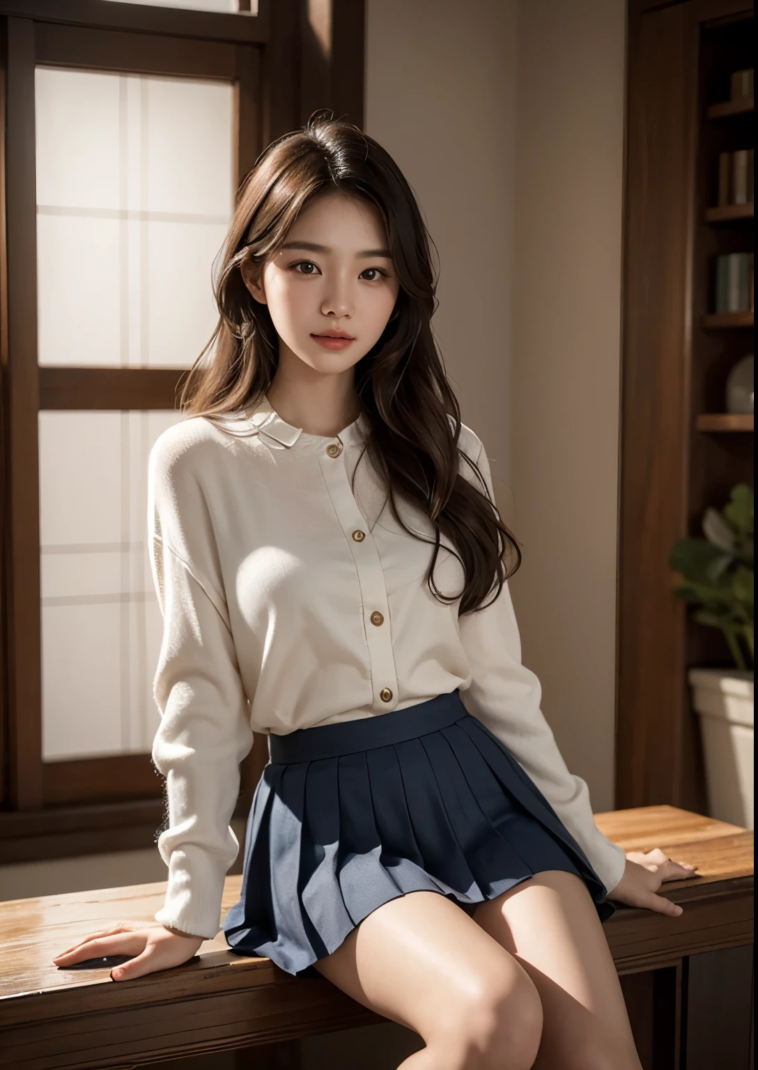 A beautiful Korean girl in a  with a skirt above knee length, an extremely detailed and realistic portrait, high quality, photorealistic, 8k, vivid colors, studio lighting, warm color tones, detailed facial features, piercing eyes, perfectly sculpted lips, delicate skin, flowing hair, beautiful expression, elegant posture, , pleated skirt, indoor setting, natural lighting, spotlights on face, intricate details, hyper-realistic, award-winning digital art