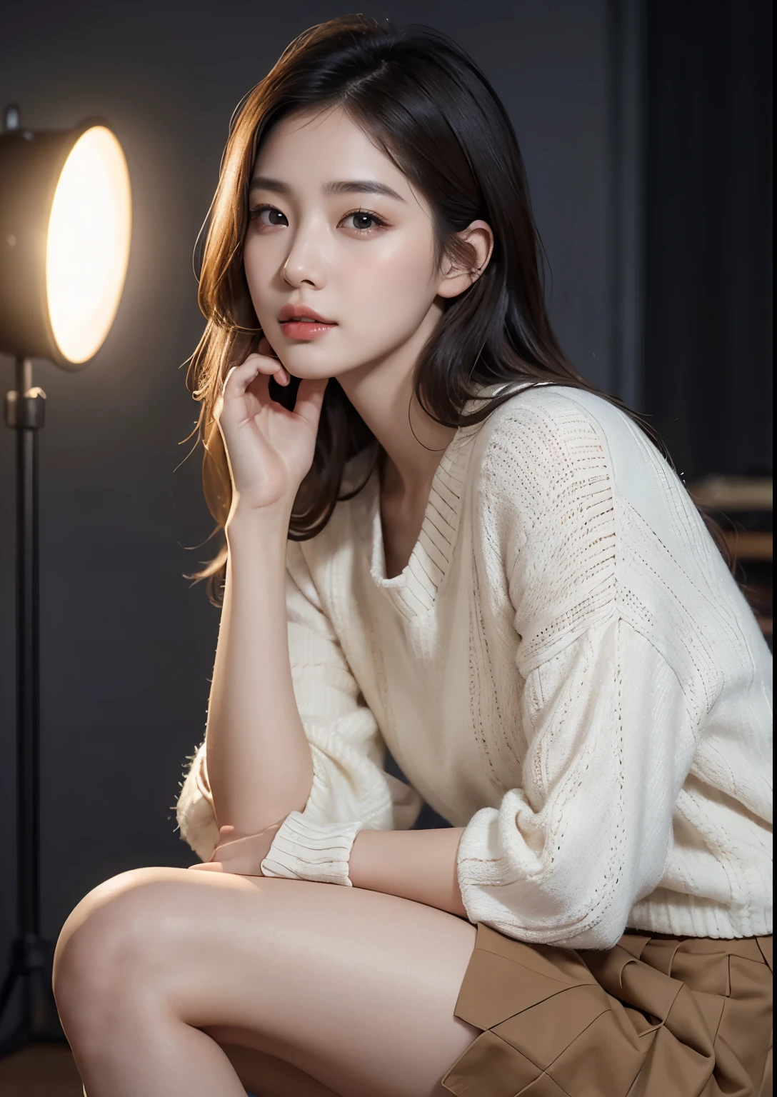 A beautiful Korean girl in a with a skirt above knee length, an extremely detailed and realistic portrait, high quality, photorealistic, 8k, vivid colors, studio lighting, warm color tones, detailed facial features, piercing eyes, perfectly sculpted lips, delicate skin, flowing hair, beautiful expression, elegant posture, , pleated skirt, indoor setting, natural lighting, spotlights on face, intricate details, hyper-realistic, award-winning digital art