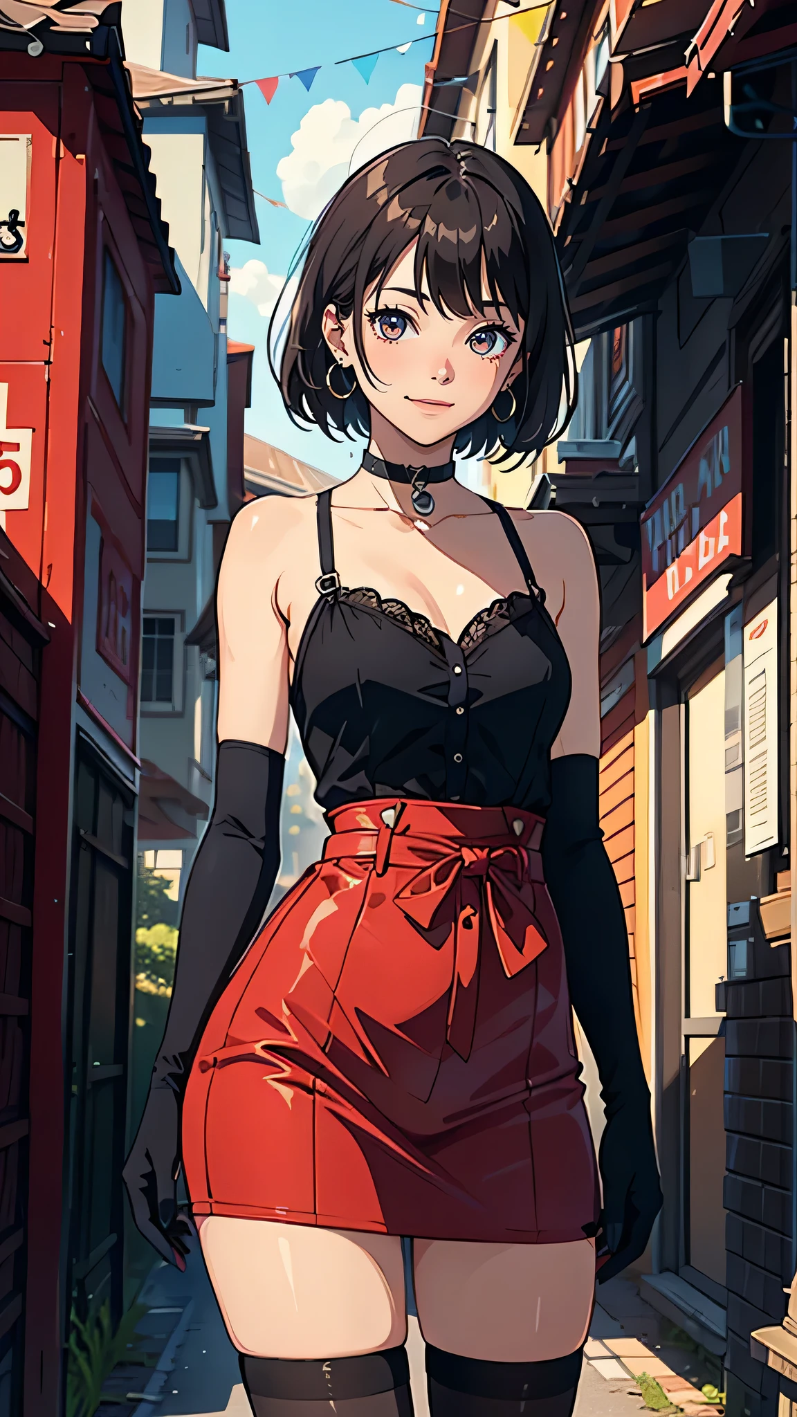 One girl, anime_Coloring, black_eye, black_gloves, Brown_hair, choker, Earrings, gloves, jewelry, Letterbox, Parody, short_hair, smile, alone, style_Parody,