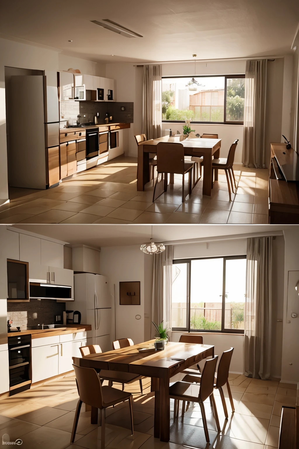 Crear un plano 3d de una casa con 6 dormitorios, cocina, dining room and 1 bathroom
