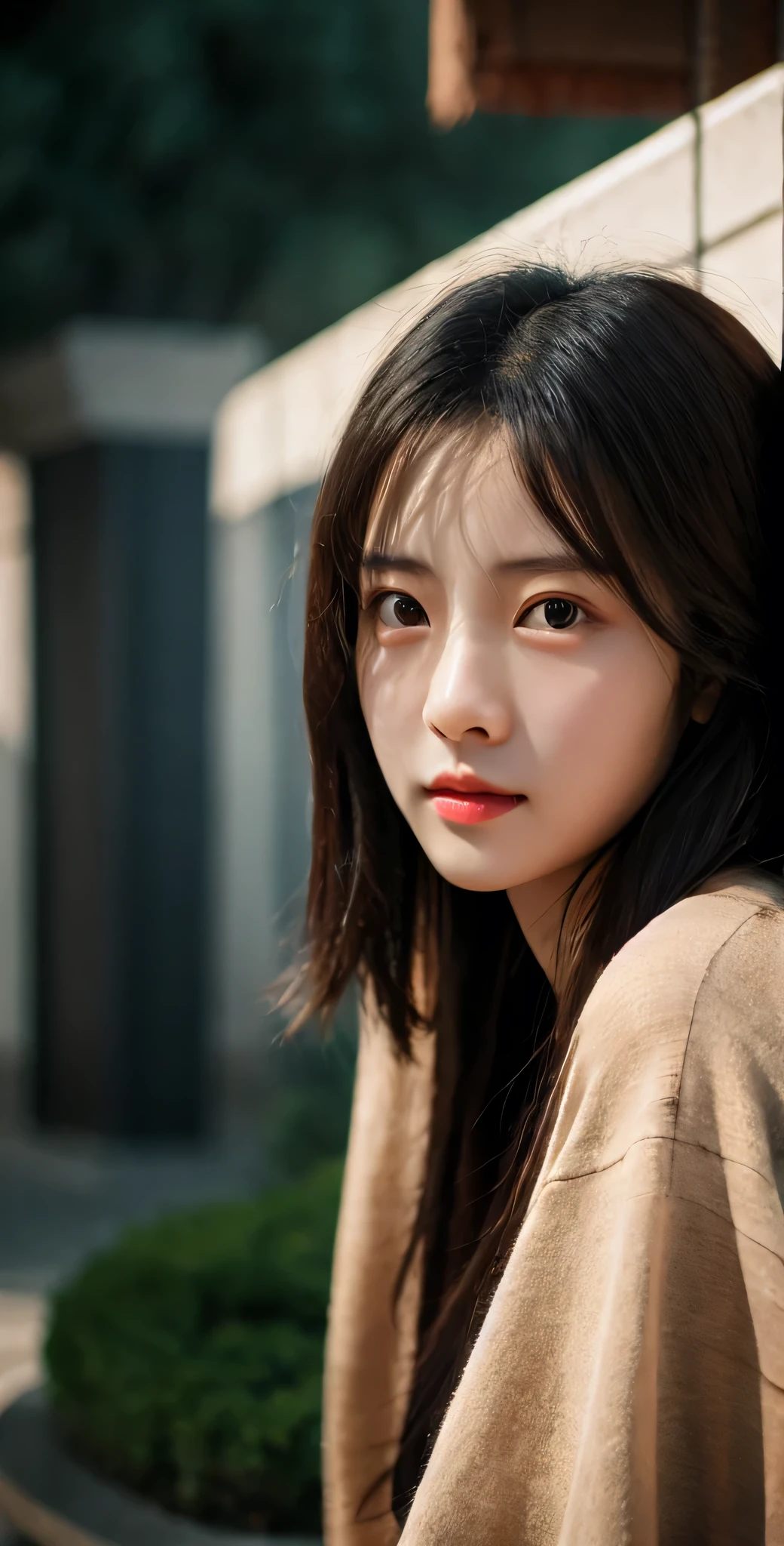 1girl,full body,extremely detailed face, beautiful detailed eyes,light on face,cinematic lighting,looking at viewer,outdoors,Black hair,(balck Chinese architecture:0.05),hanfu,
