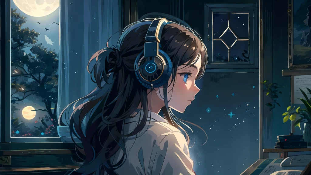 Create an illustration of a girl with dark hair and blue eyes, sitting sideways in front of the window of her room, She is wearing headphones and has a sentimental and introspective expression, Moonlight softly shines into the room, gently illuminating the space, Curtains sway in the breeze, enhancing the serene, melancholic atmosphere, Emphasizing the themes of solitude, silence, and the depths of night, the room is dark but slightly illuminated by moonlight