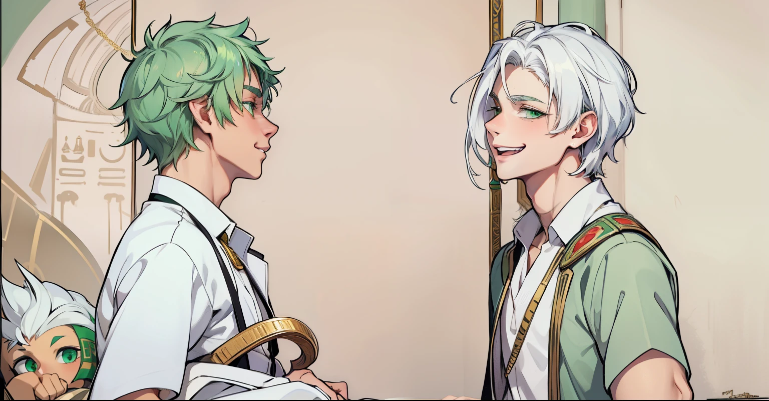 cute 18 year old boy green eyes white hair clothes from ancient egypt golden jewelry mischievous smile pocardia speaks with mockery irony green eyes so