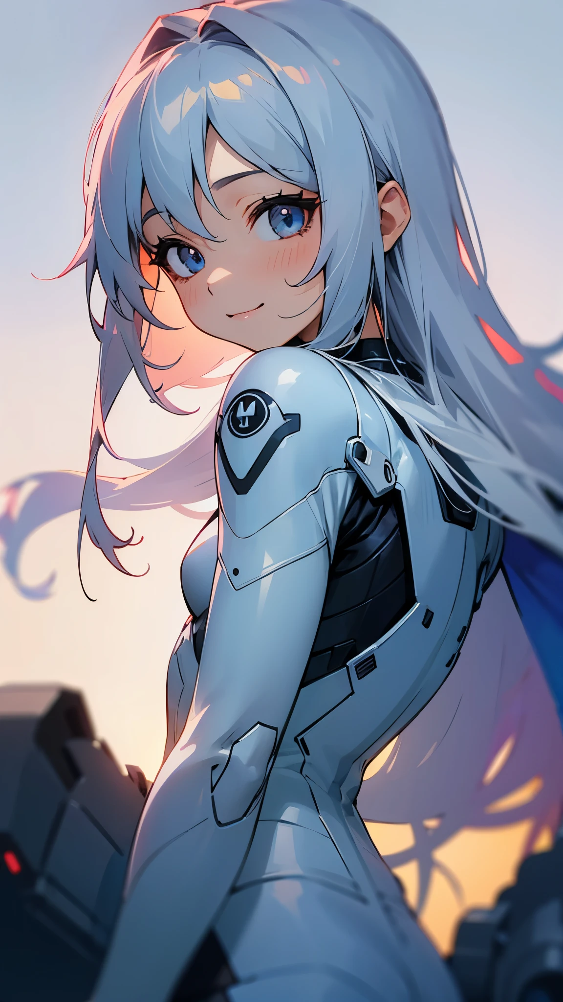 1 girl、8k、Sharp focus、(Bokeh) (highest quality) (Detailed skin:1.3) (Intricate details) (anime)、Long silver hair、Half Up、blue eyes、White and blue pilot suit、smile、smile