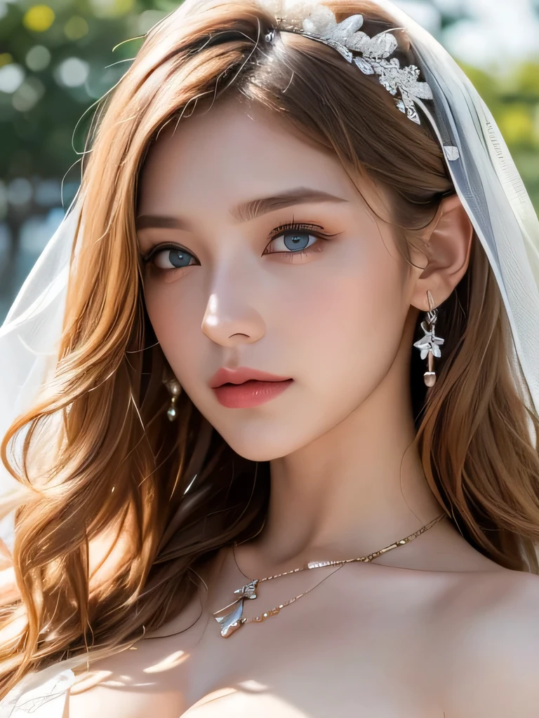 Bridal Veil,, Outdoor,  Very detailed,、(((masterpiece)))、((highest quality))、((Ultra-realistic))、Best image quality、Fine-grained image quality、beautiful、European, woman, Italian、Bronze Hair、Golden Hair、jewelry, blue eyes, Realistic, Soft Light,Hip Up, Glowing Skin, (Detailed face),blonde, Wavy Hair,Perfect balance,