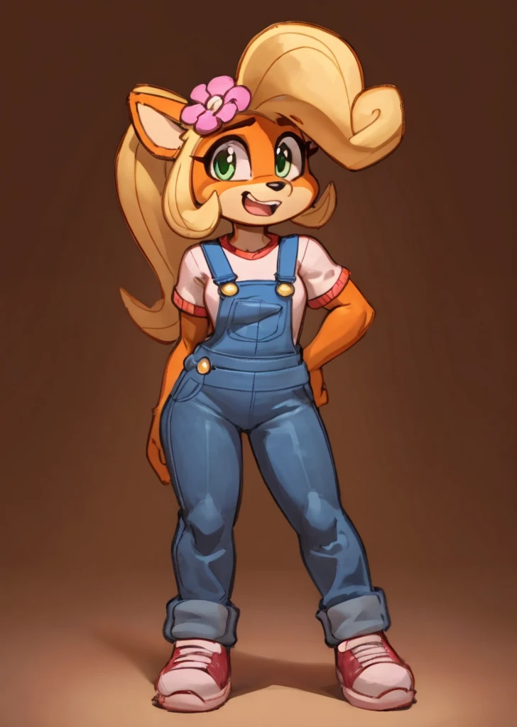 Coco bandicoot, (wamudraws), ((masterpiece)), ((HD)), solo, ((full body)), ((furry; anthro)), ((detailed fur)), ((detailed shading)), ((beautiful render art)), ((intricate details)), anthro, orange fur, black nose, (cute green eyes), (short eyelashes), (pink eyeshadow), (long blonde curly hair), (curvy hips), (beautiful legs), (blushing), (surprised expression), (butt-crack), standing, front view, looking at viwer, sexy hips, orange skin, orange fur, small breasts, happy, smile, blushing, white shirt, blue overalls, flower accesory in hair, pink shoes,