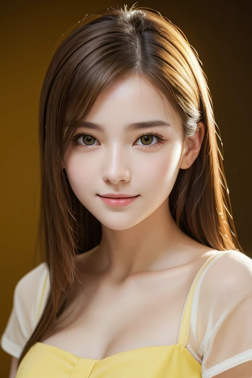 masterpiece, highest quality, 8k, Absurd, (Upper Body:1.4), White shirt, beautiful girl, Pretty face, View Viewer, smile, Ultra-realistic, High resolution, photograph, Film Grain, chromatic aberration, Sharp focus, High resolution, Face Light, Dynamic Lighting, Cinema Lighting, Professional Shadow, Simple Background, (Dull yellow background:1.4), Most detailed, Very detailed, Super detailed, In detail, Real Skin, Delicate facial features, Detailed face and eyes, Sharp pupils, Realistic students