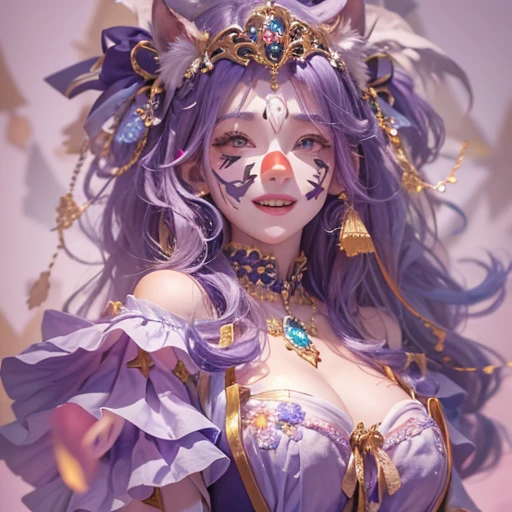 Hiding in the castle、Hair flow、 ((highest quality、masterpiece、8k、Best image quality、Ultra-high resolution、Award-winning works)、(Accurate anatomy:1.1)、(Look at me and smile:1.1)、Shining fair skin with Ultra-high resolution、The most detailed face、Ultra-high resolution detailed face、Ultra-high resolutionの髪の毛、(Ultra-high resolutionの煌めく瞳:1.1)、Beautiful face drawn in every detail、Cheerful clown costume, Chest to chest, tattoo,、Subtle clown makeup、Masquerade and masks