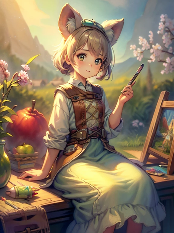 landscape style /illustration in the style of Jean Baptiste Monge/,//full-length,cute tumbler girl bimbo pear, painted in a pear outfit,sitting on a larger pear, side view//,flowers, sun ,pixel graphics, gently beautiful, dry watercolor pearl dust 34d 126k realistically clear lines with pencils small details, drawing clear lines with pencils