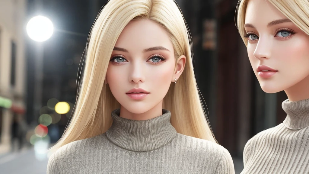 European and American women, Fashion Model, Wearing turtleneck tops, Glamour, Paparazzi take pictures of her, Blonde Hair, Brown eyes, 8k, high quality, masterpiece, 最high quality,Kilo, Very detailed, Volumetric lighting, Realistic