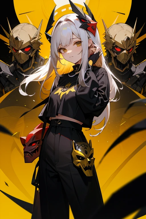 Garoto, cabelos longos e ondulados com mechas amarelas, olhos amarelos. Wearing black clothes with yellow details holding a red Raven mask