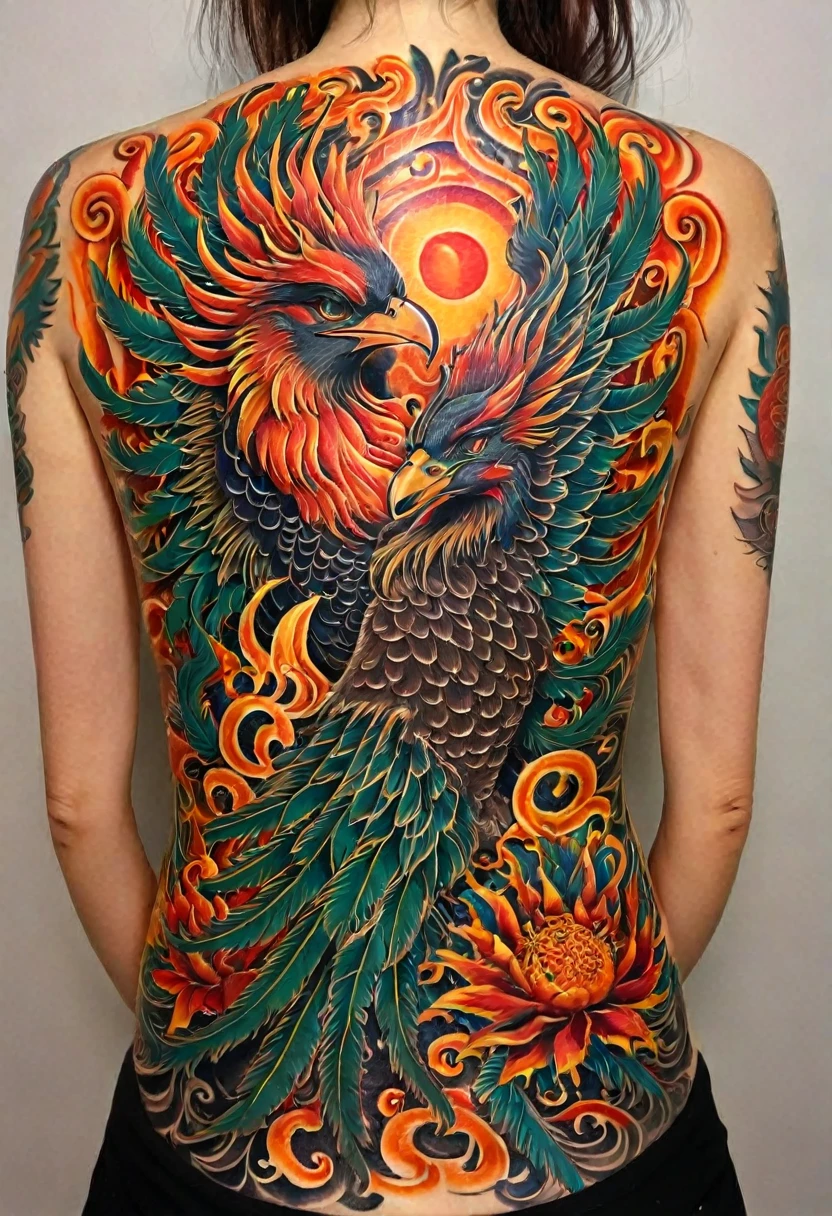 Back Tattoo, a highly detailed tattoo of a phoenix on a woman's back, intricate phoenix feathers, stunning details, realistic skin textures, dramatic lighting, cinematic composition, dramatic contrast, glowing eyes, powerful dynamic pose, moody dark colors, intricate ornate patterns, photorealistic, 8k, best quality, masterpiece