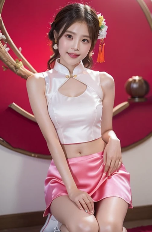 (highest quality、8k、masterpiece）、Pink satin mini skirt Chinese dress、White panties are visible on her knees、（china clothes in mini skirts:1.4）,（White panties:1.5)、17 year old slender beauty，Flashy makeup using red eyeshadow，Open your mouth wide、Yōho、double eyelid，Delicate medium cut ponytail，squat、Spread your legs，　White pantiesーを見せる,Her white panties are clearly visible.、Sexy Chinese dress and silk mini skirt，The best smile，She is wearing a sexy short colorful cheongsam。。，Cheongsam with deep slit，Draw hands correctly，The background is the bright interior of a Chinese restaurant...，