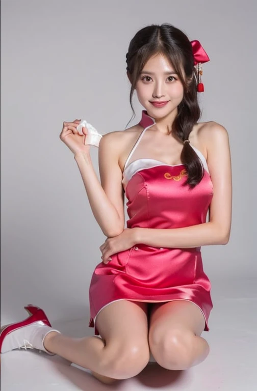 (highest quality、8k、masterpiece）、Pink satin mini skirt Chinese dress、White panties are visible on her knees、（china clothes in mini skirts:1.4）,（White panties:1.5)、17 year old slender beauty，Flashy makeup using red eyeshadow，Open your mouth wide、Yōho、double eyelid，Delicate medium cut ponytail，squat、Spread your legs，　White pantiesーを見せる,Her white panties are clearly visible.、Sexy Chinese dress and silk mini skirt，The best smile，She is wearing a sexy short colorful cheongsam。。，Cheongsam with deep slit，Draw hands correctly，The background is the bright interior of a Chinese restaurant...，