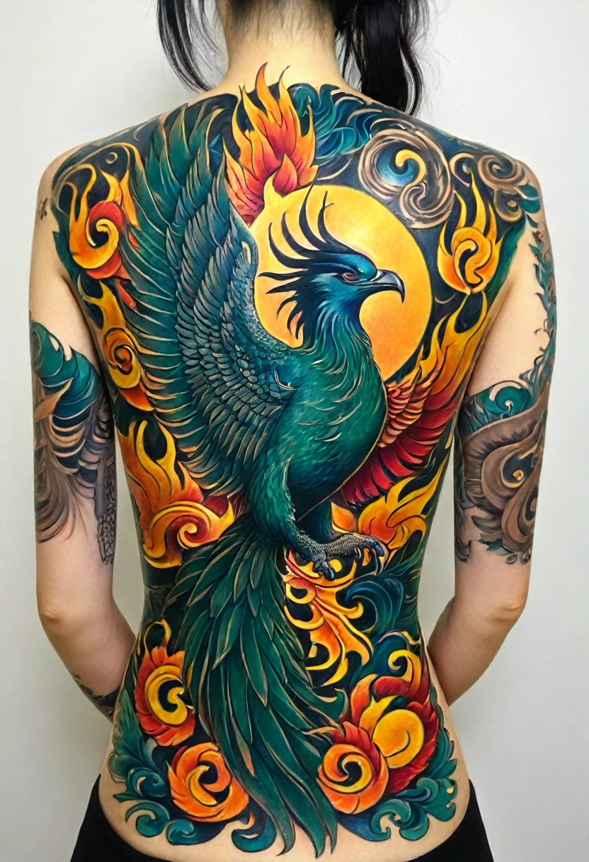 Back Tattoo, a highly detailed tattoo of a phoenix on a woman's back, intricate phoenix feathers, stunning details, realistic skin textures, dramatic lighting, cinematic composition, dramatic contrast, glowing eyes, powerful dynamic pose, moody dark colors, intricate ornate patterns, photorealistic, 8k, best quality, masterpiece