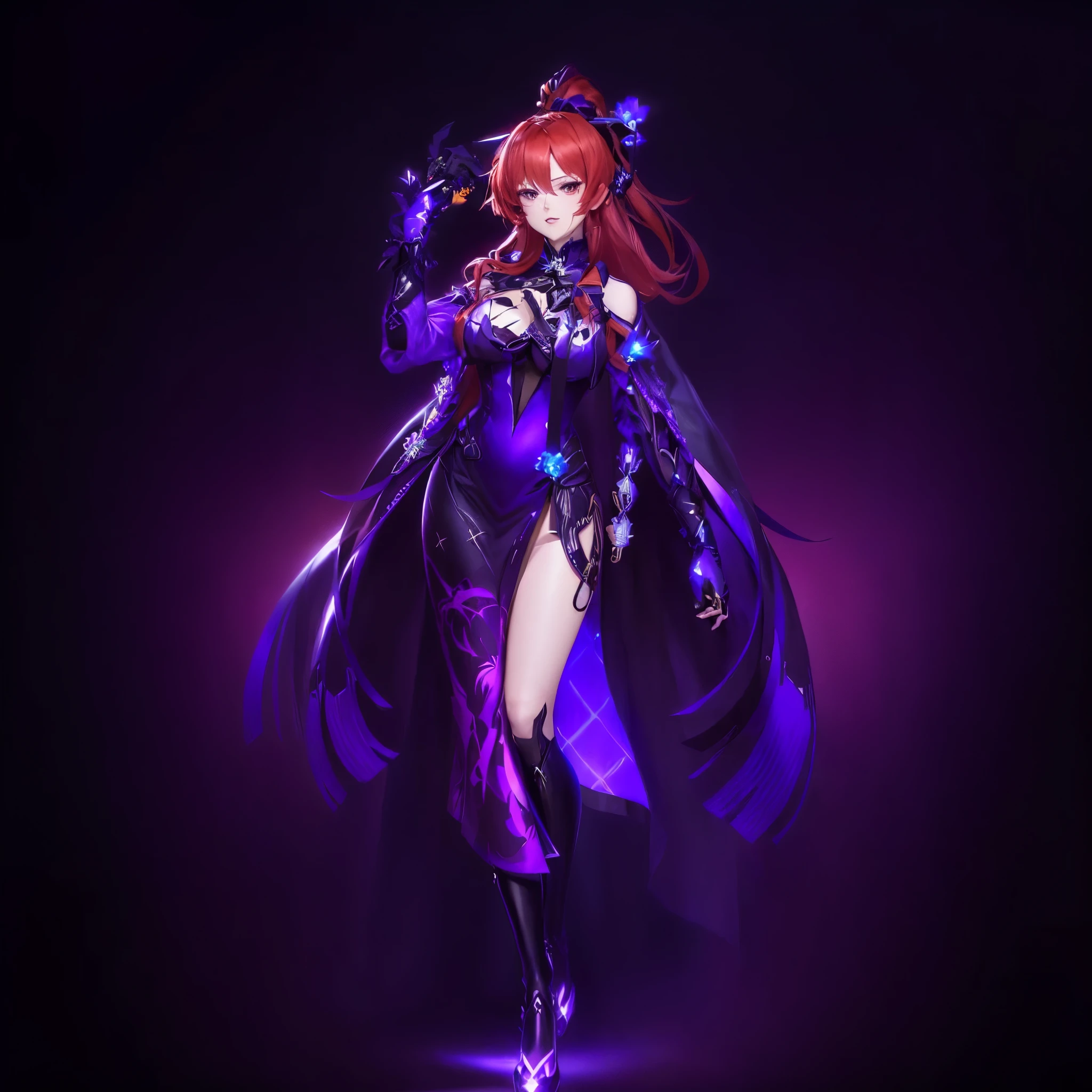 anime girl with red hair and black dress holding a blue and purple object, ayaka genshin impact, ayaka game genshin impact, rias gremory, shadowverse style, from the azur lane videogame, shalltear bloodfallen, katana zero video game character, genshin impact character, holy cyborg necromancer girl, visual novel sprite