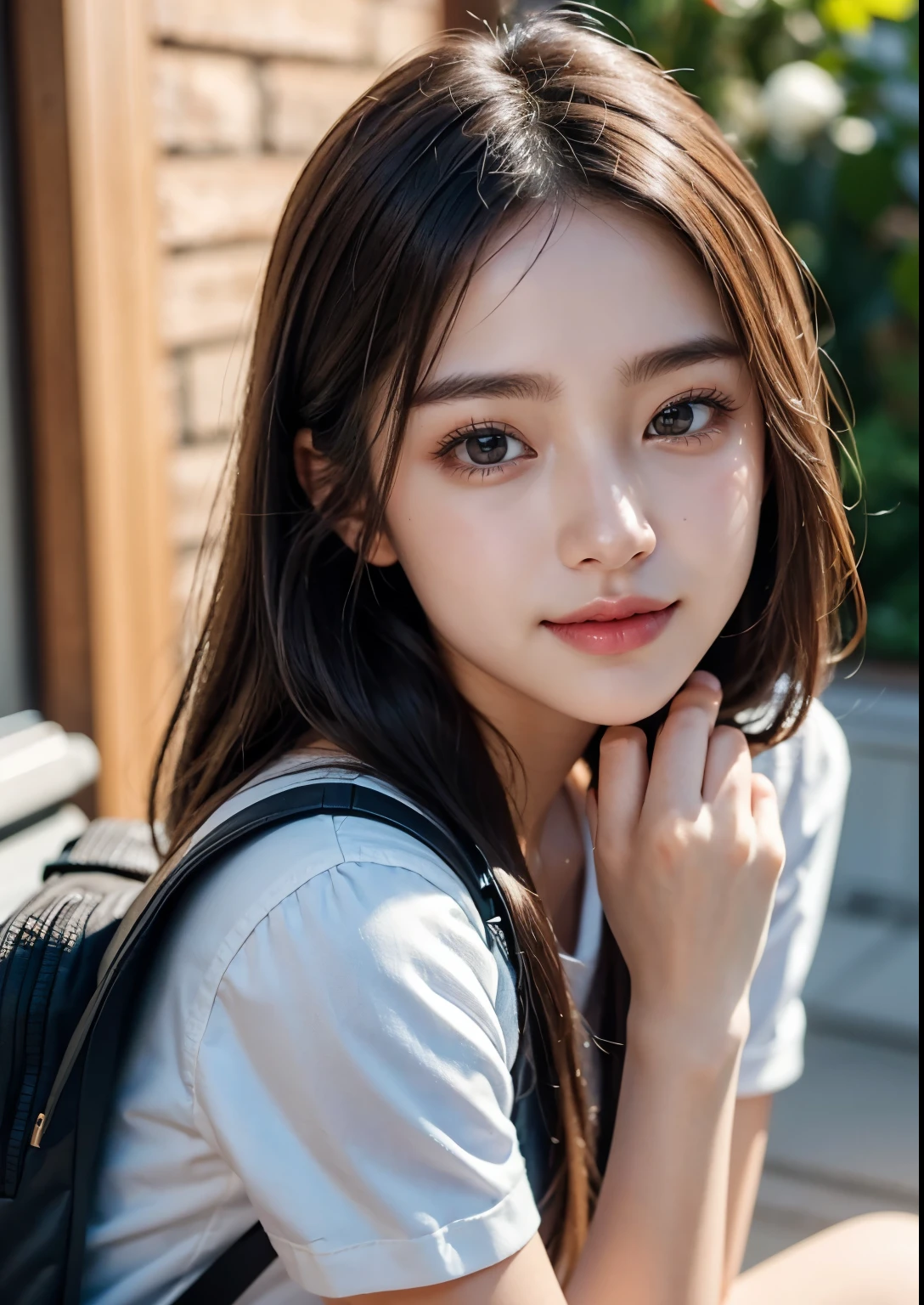 a pretty sweet 16 year old Korean girl going to school, pretty above knee length , school bag, school books, long hair, beautiful detailed eyes, beautiful detailed lips, extremely detailed eyes and face, longeyelashes, soft lighting, natural skin, detailed hair, 1girl,high-quality,8k,realistic,photorealistic,vivid colors,masterpiece,elegant,cute,sweet,lovely,charming,beautiful,adorable, beautiful face, realistic face, realistic skin, realistic smile, realistic atmosphere, every thing is realistic, cutest smile, realistic body, realistic body language, mouth watering beauty, standing, upper body shot, cute face, stylish look, stylish angles, tempting eyes, realistic hands, realistic arms, realistic hand fingers, realistic legs