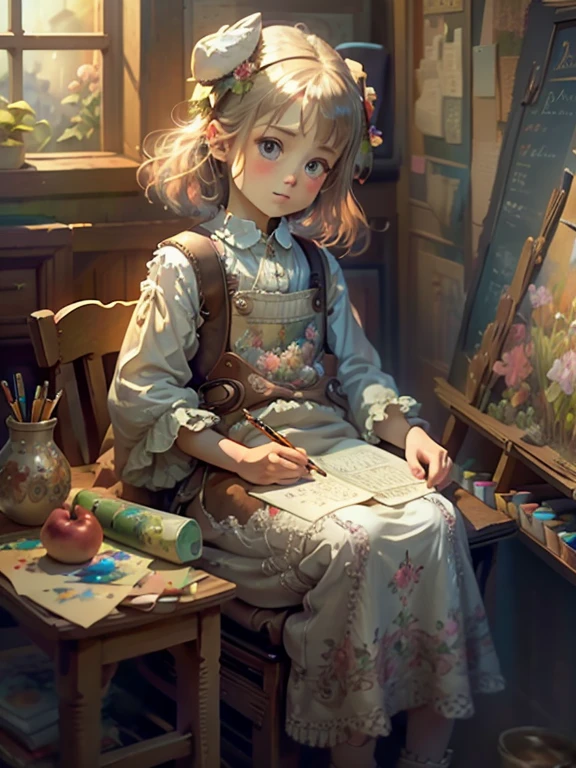 landscape style /illustration in the style of Jean Baptiste Monge/,//full-length,cute tumbler girl bimbo pear, painted in a pear outfit,sitting on a larger pear, side view//,flowers, sun ,pixel graphics, gently beautiful, dry watercolor pearl dust 34d 126k realistically clear lines with pencils small details, drawing clear lines with pencils