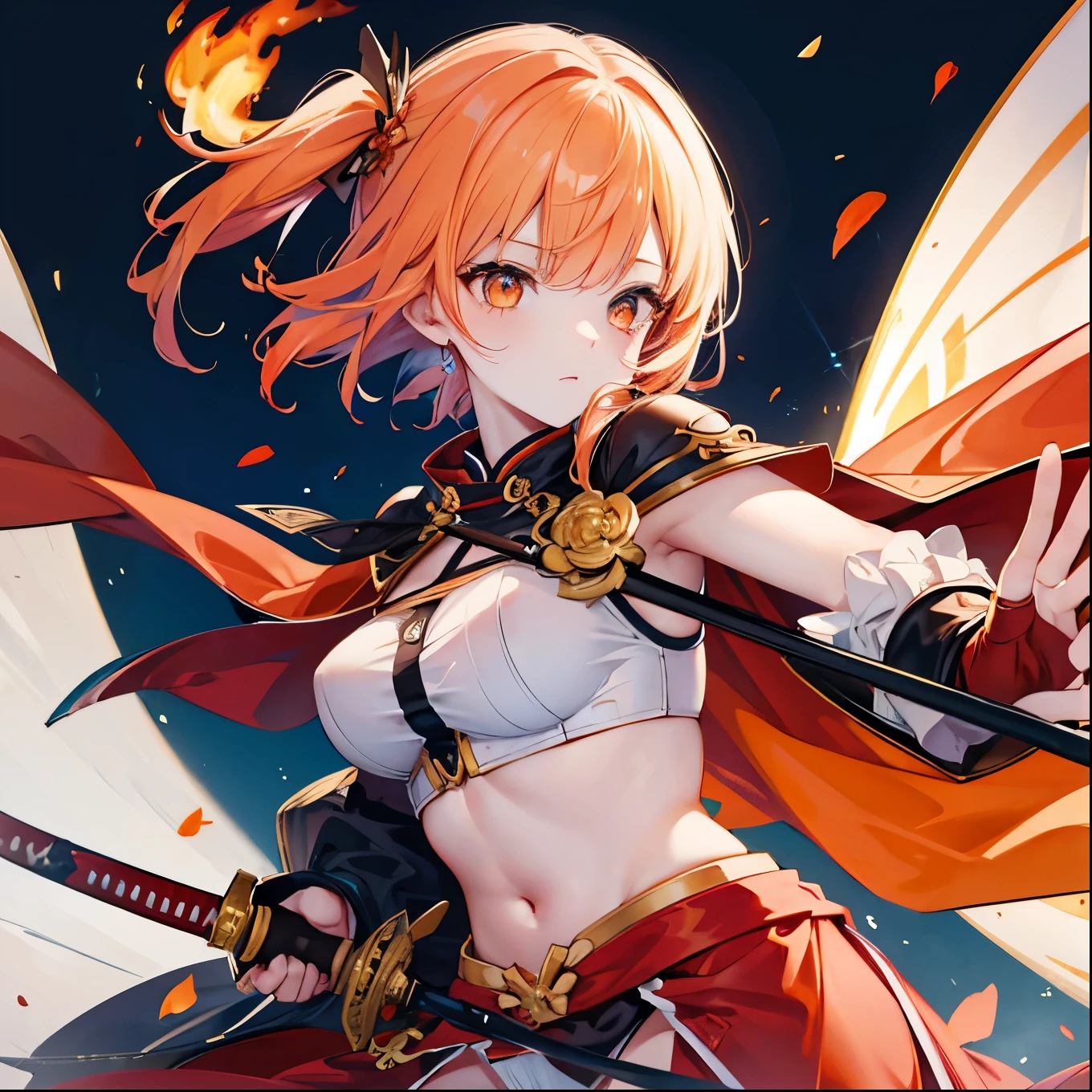 Many sword and gunshot wounds、Heavy bleeding、Orange cute underwear、Orange cute bra、Japanese sword and dragon sheath、A magic swordsman who uses blue flames