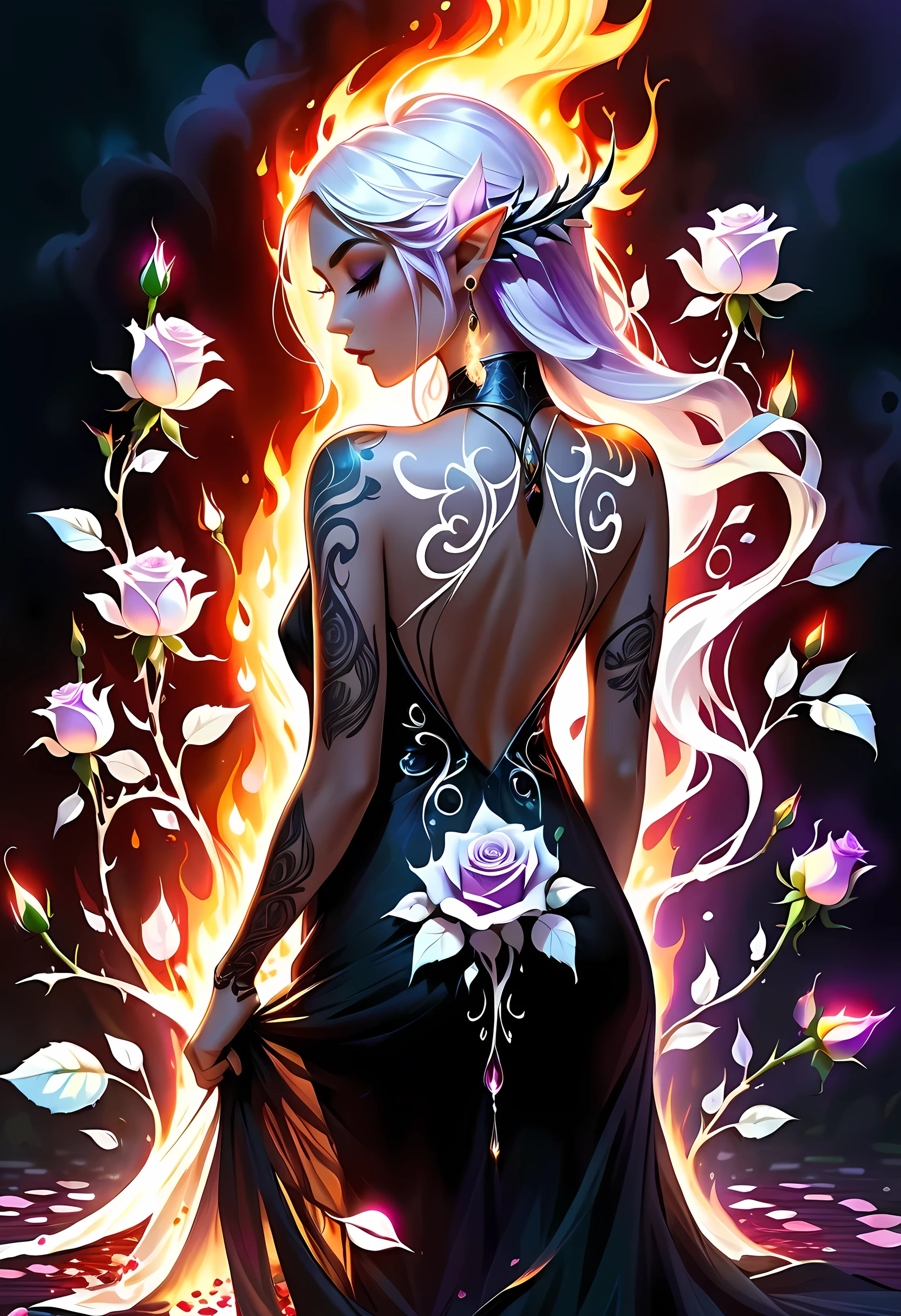 Arafed, Dark fantasy art, fantasy art, goth art, a picture of a tattoo on the back of a female elf, a glowing tattoo of a ((white rose: 1.3)) on the elf's back, the ((rose tattoo)) is vivid, intricate detailed coming to life from the ink to real life, GlowingRunesAI_purple, ((fire surrounds the rose petals: 1.5)), shot taken from the back, ((the back is visible: 1.3), she wears a transparent  black dress, bare back, the dress is elegant, flowing, elven style, that the (tattoos glow: 1.1), dynamic hair color, dynamic hair style, faize, Flower