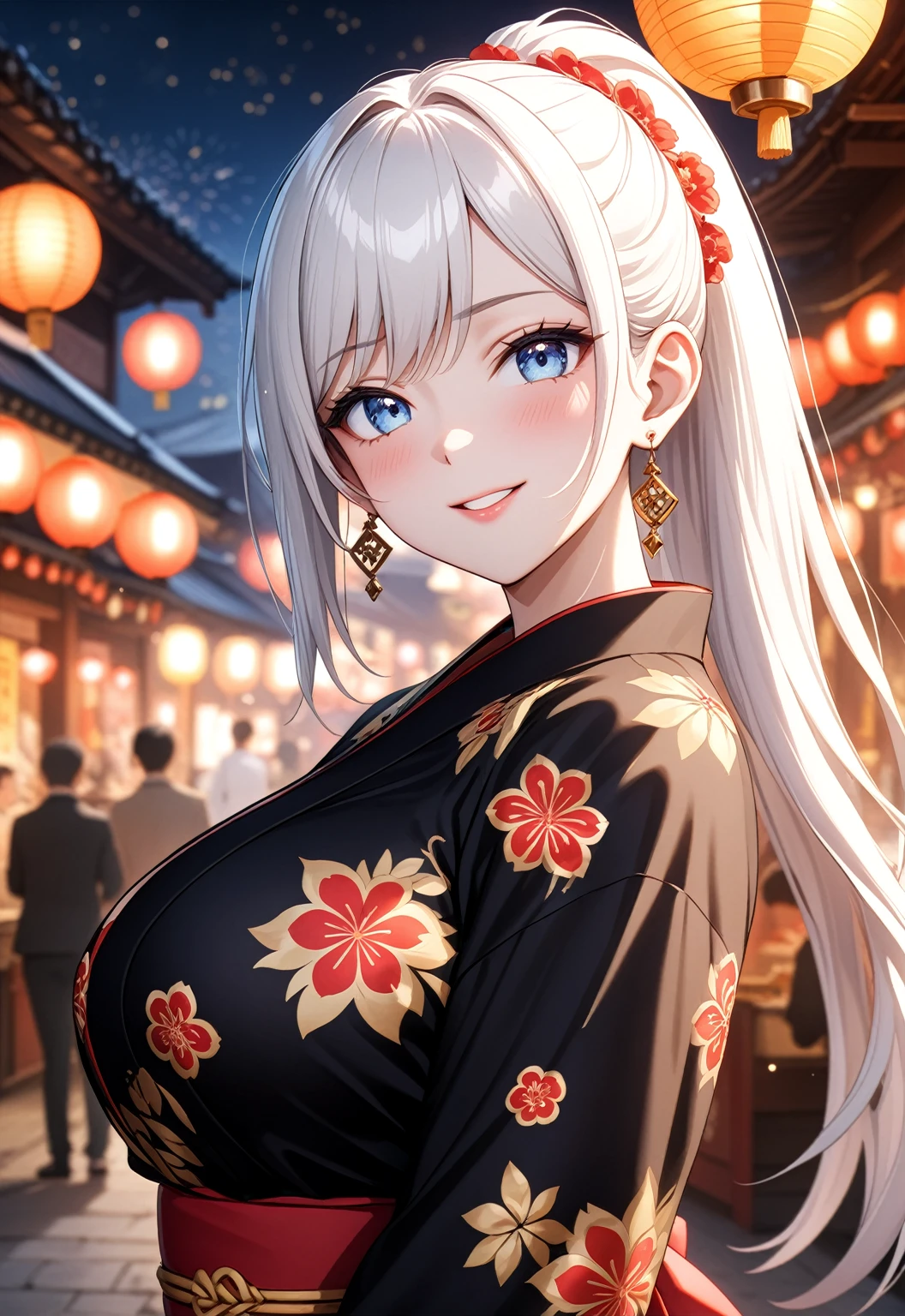 ((one personの女性)), Beautiful Face,Laugh shyly,((Wink:1.7)),Laughing with your mouth open,turn bright red,Glossy pink lips,night,Shrine festival stalls,firework,((Anime style background)),masterpiece, highest quality, so beautiful, Latest, Complex details, (Pink long nails),AI-generated, Complex,High resolution, highest quality, super high quality,3D Images、View your viewers、3D Images,one person,Long white hair,High Ponytail,blue eyes,Anime woman posing for a photo, [[fine grain、Colorful eyes、Shining Eyes:1.15]],(Squint your eyes:1.1),a hyperRealistic , hyperRealistic , Realistic,Anime woman with long and white hair, Smooth anime CG art, A woman in a colorful kimono with gold embroidery, (Black kimono),Red floral pattern,Long flower hair ornament,Big earrings,(Big Breasts:1.3),Mature Body,expensive,Big Ass,Fine details,Tight waist,Abdominal muscles,(Face close-up:1.5),Tilt your face,Shooting from an angle,