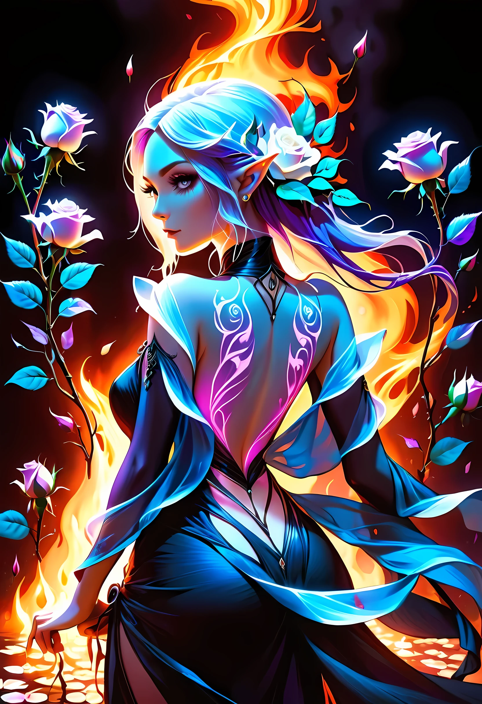 Arafed, Dark fantasy art, fantasy art, goth art, a picture of a tattoo on the back of a female elf, a glowing tattoo of a ((white rose: 1.3)) on the elf's back, the ((rose tattoo)) is vivid, intricate detailed coming to life from the ink to real life, GlowingRunesAI_purple, ((fire surrounds the rose petals: 1.5)), shot taken from the back, ((the back is visible: 1.3), she wears a transparent  black dress, bare back, the dress is elegant, flowing, elven style, that the (tattoos glow: 1.1), dynamic hair color, dynamic hair style, faize, Flower